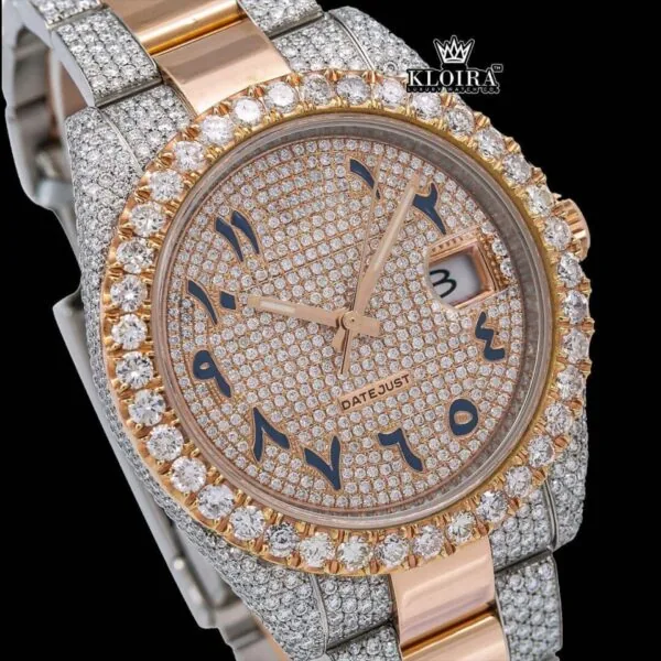 Diamond Bezel Black Arabic Numerals Dial Two Tone Iced Out Moissanite Watch Close Up Dial View