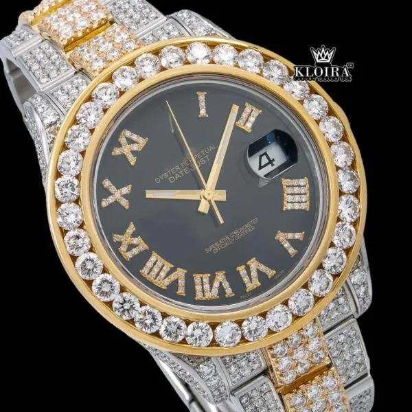 Diamond Bezel Black Dial Roman Numerals Two Tone Iced Out Moissanite Watch Close Up Dial View