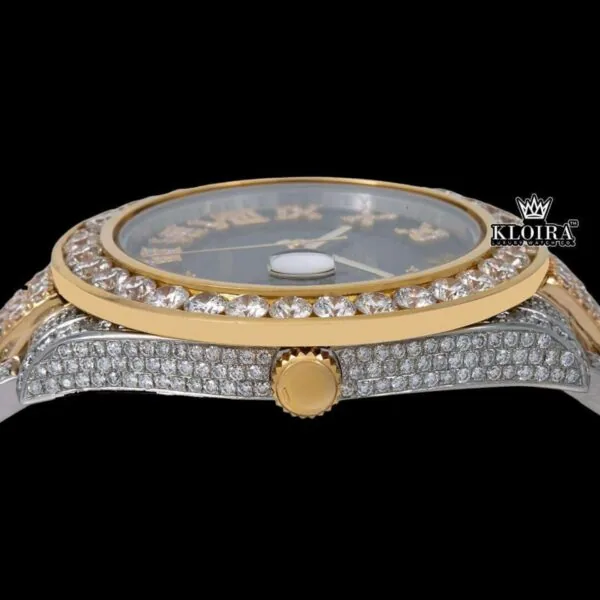 Diamond Bezel Black Dial Roman Numerals Two Tone Iced Out Moissanite Watch Crown View