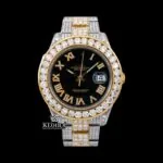Diamond Bezel Black Dial Roman Numerals Two Tone Iced Out Moissanite Watch