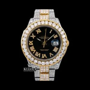 Diamond Bezel Black Dial Roman Numerals Two Tone Iced Out Moissanite Watch