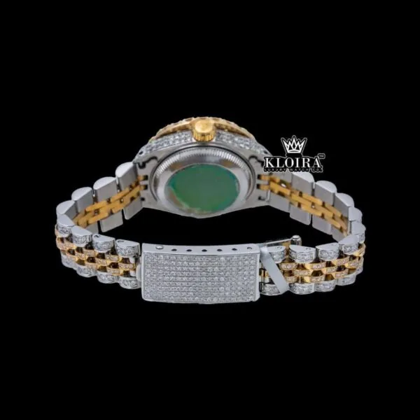 Diamond Bezel Black Dial Two Tone Iced Out Moissanite Watch Caseback View