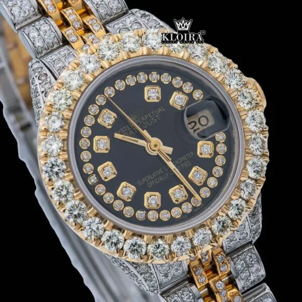 Diamond Bezel Black Dial Two Tone Iced Out Moissanite Watch Close Up Dial View