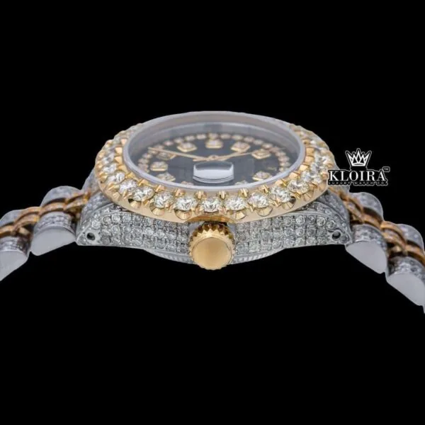 Diamond Bezel Black Dial Two Tone Iced Out Moissanite Watch Crown View