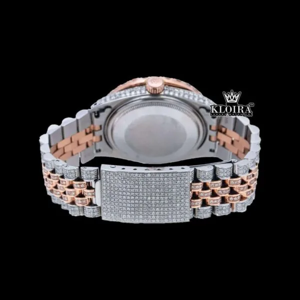 Diamond Bezel Blue Arabic Dial Two Tone Moissanite Watch Caseback View