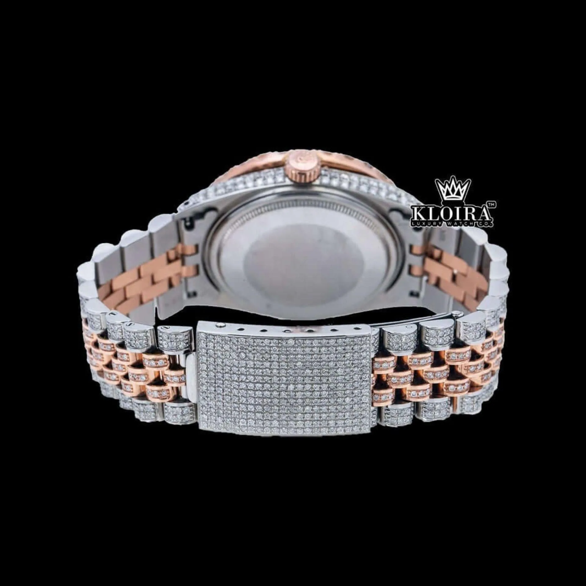 Diamond Bezel Blue Arabic Dial Two Tone Moissanite Watch Caseback View