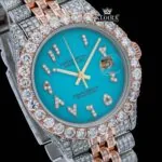 Diamond Bezel Blue Arabic Dial Two Tone Moissanite Watch Close Up Dial View