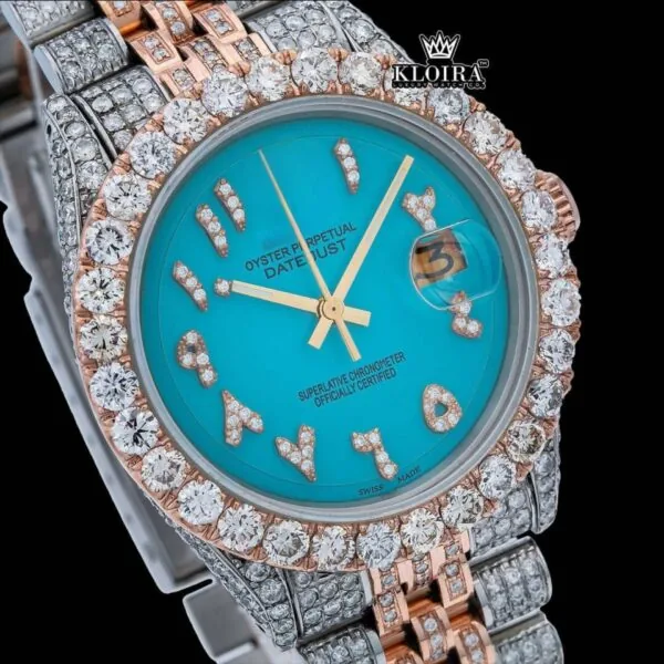 Diamond Bezel Blue Arabic Dial Two Tone Moissanite Watch Close Up Dial View