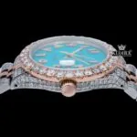 Diamond Bezel Blue Arabic Dial Two Tone Moissanite Watch Crown View