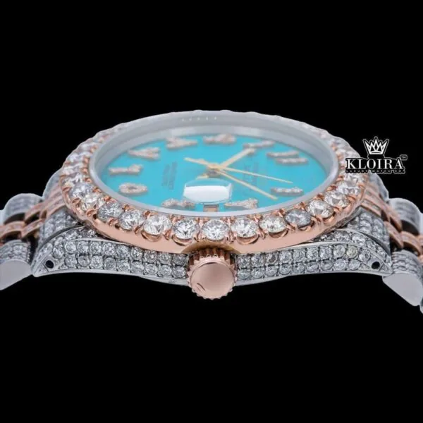 Diamond Bezel Blue Arabic Dial Two Tone Moissanite Watch Crown View