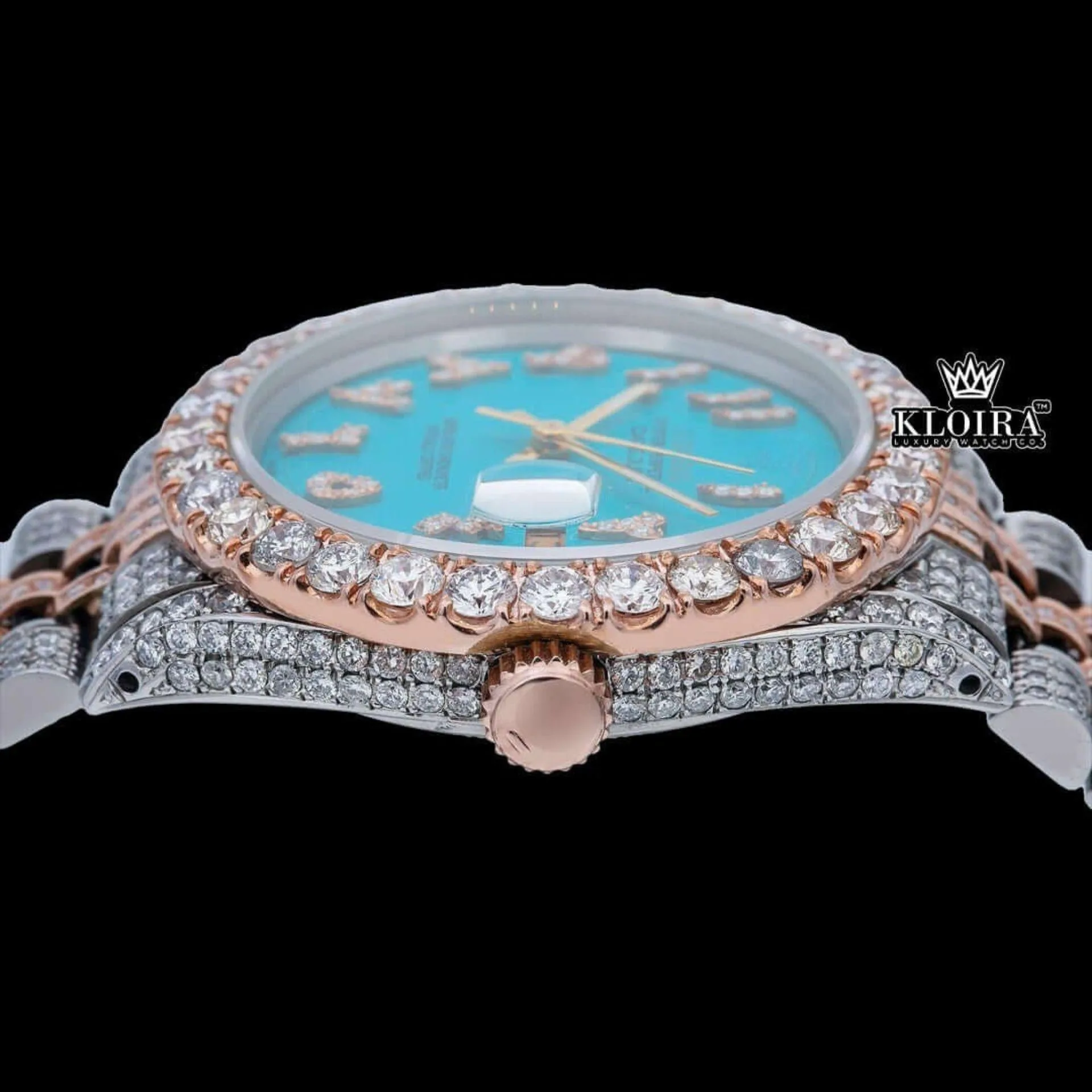 Diamond Bezel Blue Arabic Dial Two Tone Moissanite Watch Crown View