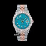 Diamond Bezel Blue Arabic Dial Two Tone Moissanite Watch Front View