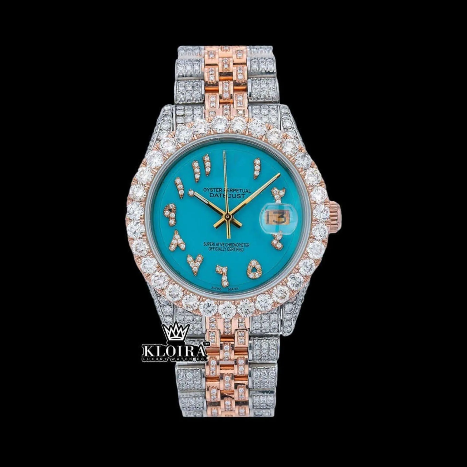 Diamond Bezel Blue Arabic Dial Two Tone Moissanite Watch Front View