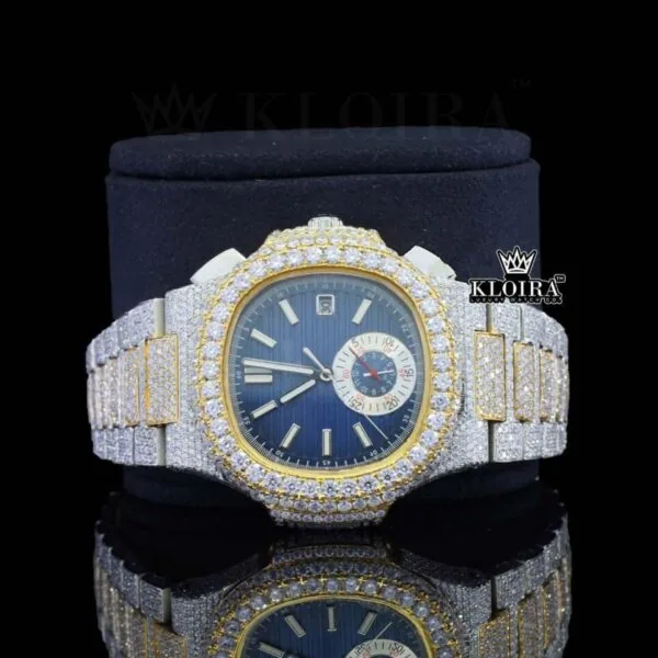Diamond Bezel Blue Chronograph Dial Two Tone Moissanite Watch Close Up Front View