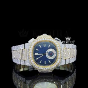 Diamond Bezel Blue Chronograph Dial Two Tone Moissanite Watch