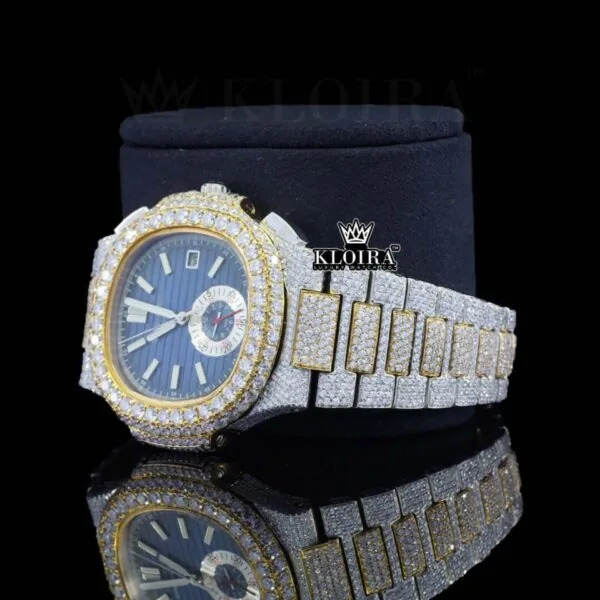 Diamond Bezel Blue Chronograph Dial Two Tone Moissanite Watch Laft Profile View