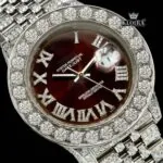 Diamond Bezel Brown Dial Roman Numerals Fully Iced Moissanite Watch Close Up Dial View