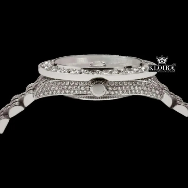 Diamond Bezel Brown Dial Roman Numerals Fully Iced Moissanite Watch Crown View