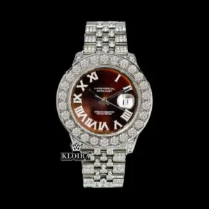 Diamond Bezel Brown Dial Roman Numerals Fully Iced Moissanite Watch
