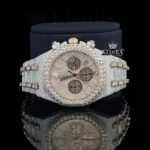 Diamond Bezel Chronograph Dial Two Tone Rose Gold Moissanite Watch Close Up Front View