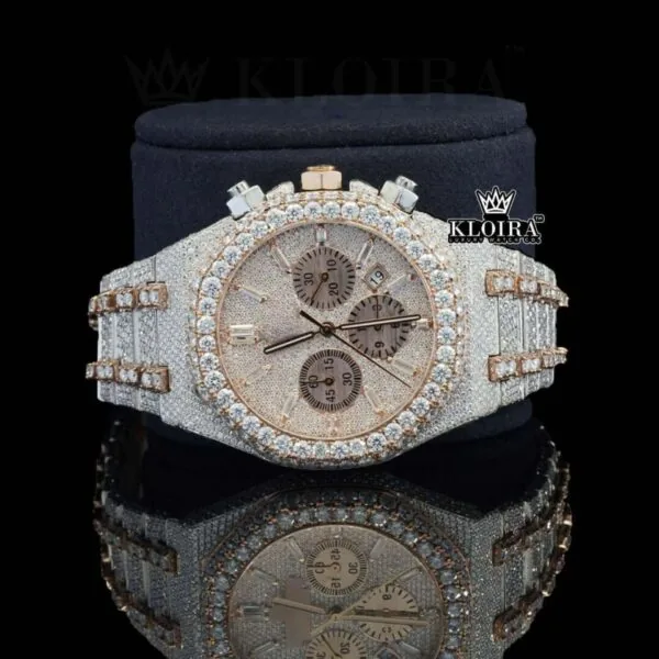 Diamond Bezel Chronograph Dial Two Tone Rose Gold Moissanite Watch Close Up Front View