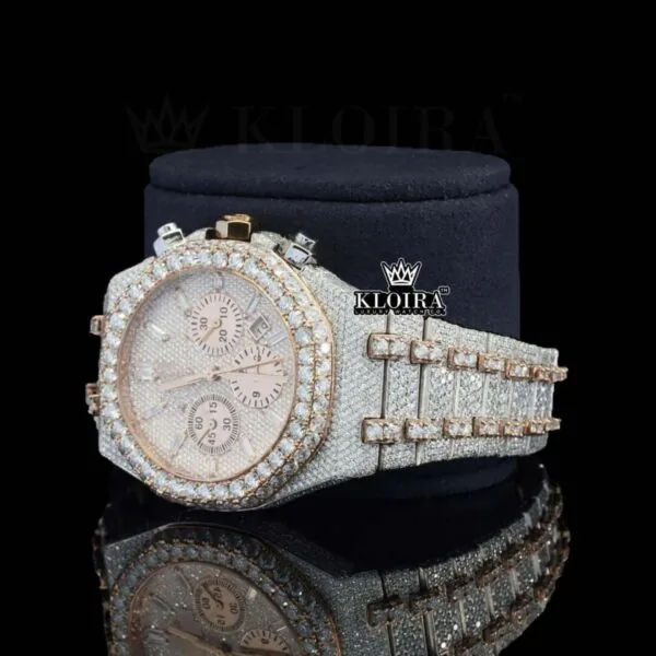 Diamond Bezel Chronograph Dial Two Tone Rose Gold Moissanite Watch Left Profile View