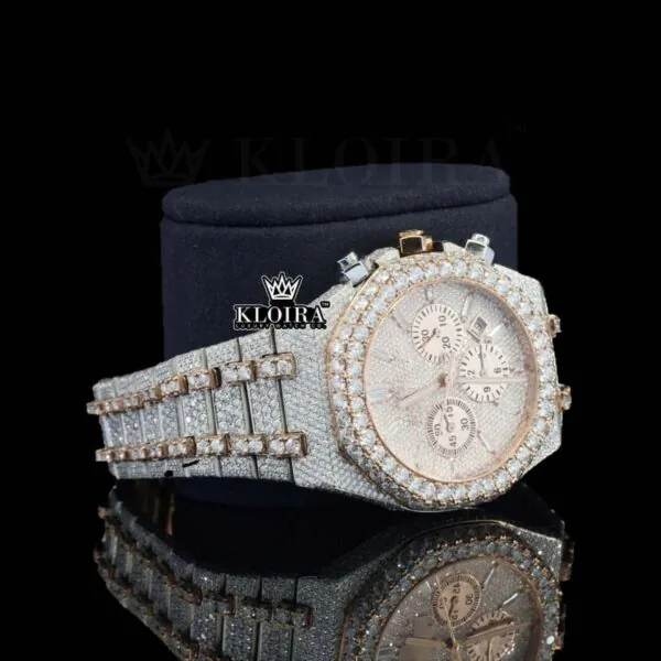 Diamond Bezel Chronograph Dial Two Tone Rose Gold Moissanite Watch Right Profile View