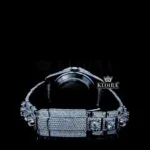 Diamond Bezel Dual Time Stick Markers Dial Fully Iced Out Moissanite Watch Caseback View