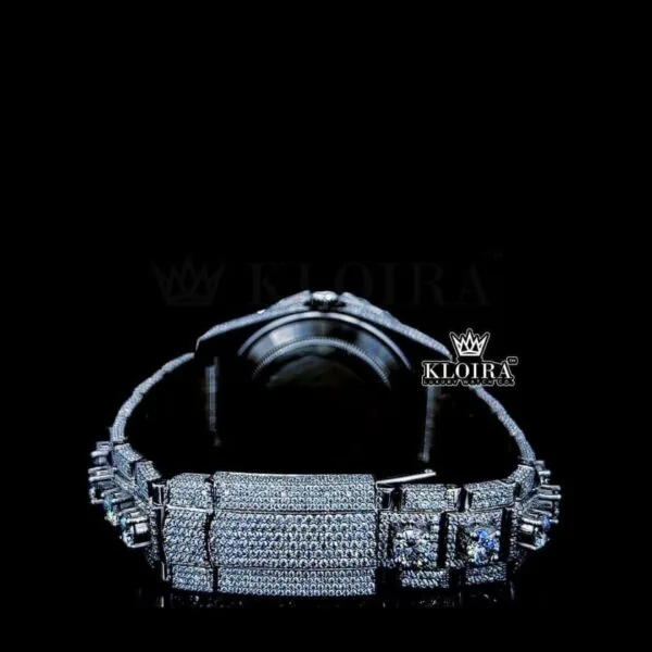Diamond Bezel Dual Time Stick Markers Dial Fully Iced Out Moissanite Watch Caseback View