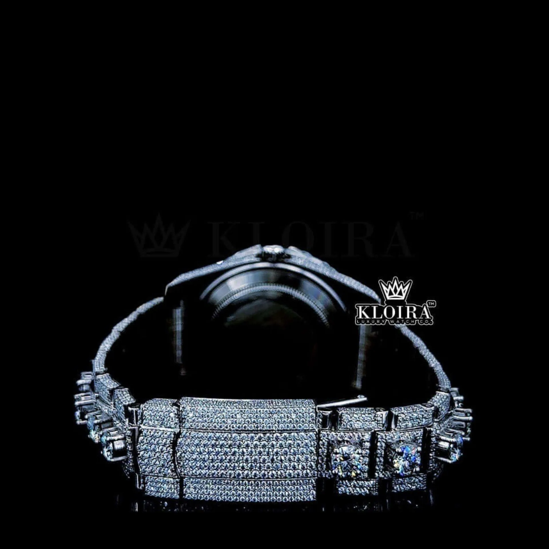 Diamond Bezel Dual Time Stick Markers Dial Fully Iced Out Moissanite Watch Caseback View