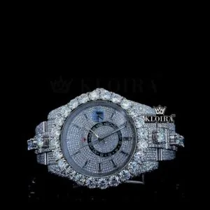 Diamond Bezel Dual Time Stick Markers Dial Fully Iced Out Moissanite Watch