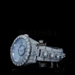 Diamond Bezel Dual Time Stick Markers Dial Fully Iced Out Moissanite Watch Left Profile View