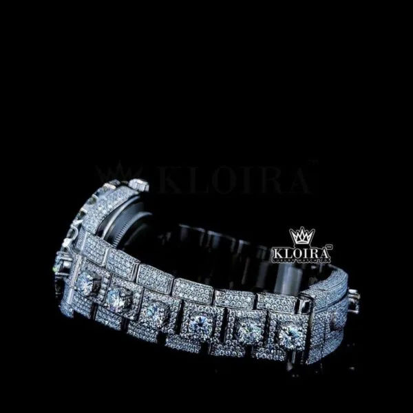 Diamond Bezel Dual Time Stick Markers Dial Fully Iced Out Moissanite Watch Left Side Bracelet View