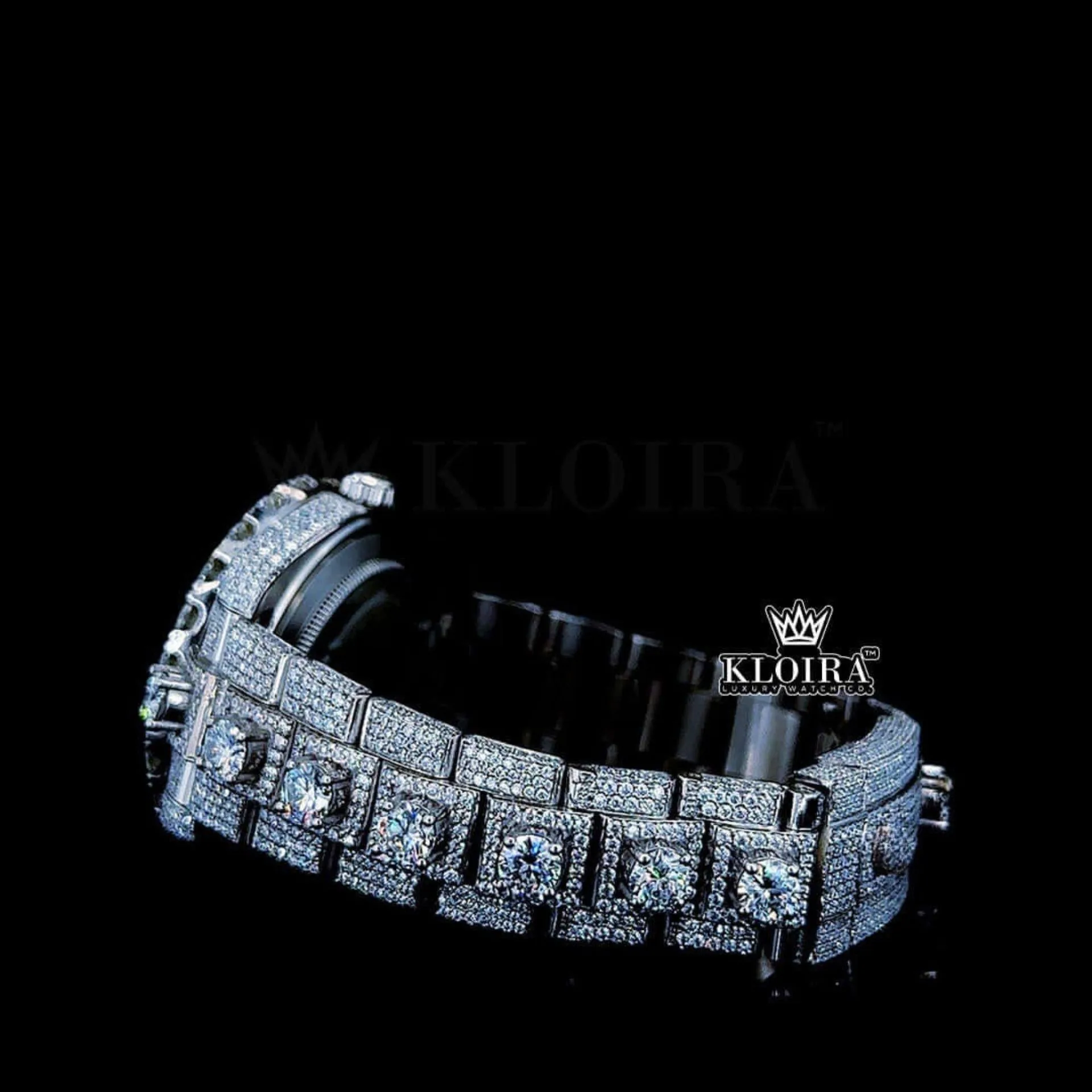 Diamond Bezel Dual Time Stick Markers Dial Fully Iced Out Moissanite Watch Left Side Bracelet View