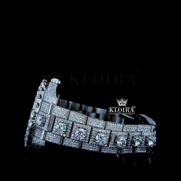 Diamond Bezel Dual Time Stick Markers Dial Fully Iced Out Moissanite Watch Left Side View