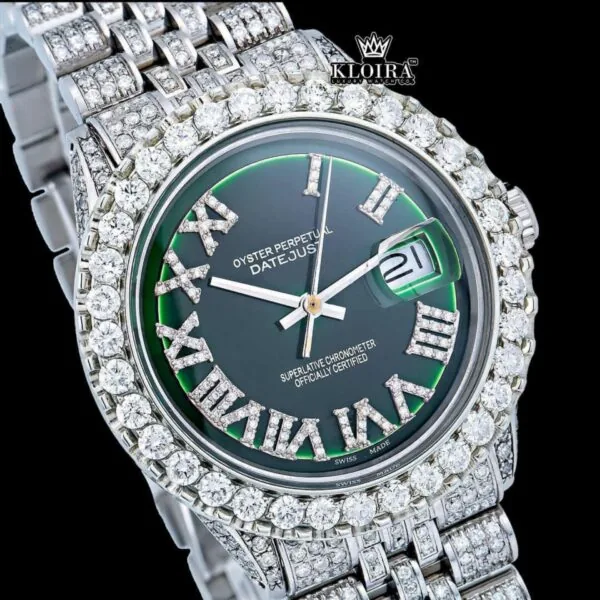 Diamond Bezel Green Roman Dial Full Iced Out Moissanite Watch Close Up Dial View