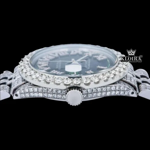 Diamond Bezel Green Roman Dial Full Iced Out Moissanite Watch Crown View