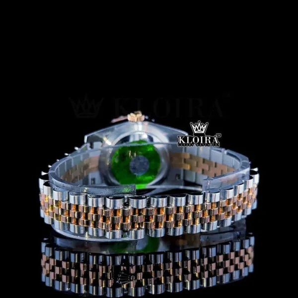Diamond Bezel Pearl White Dial Two Tone Link Strap Moissanite Watch Caseback View