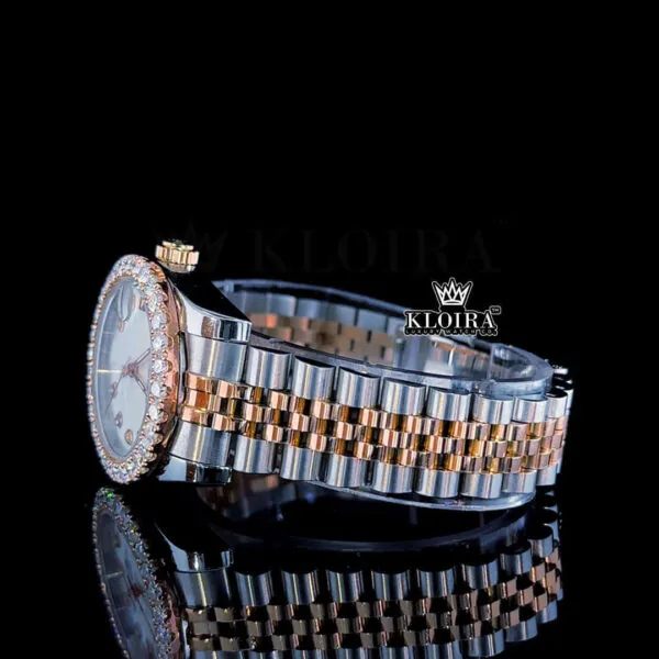 Diamond Bezel Pearl White Dial Two Tone Link Strap Moissanite Watch Left Side View