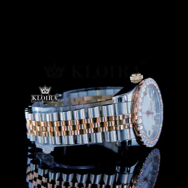 Diamond Bezel Pearl White Dial Two Tone Link Strap Moissanite Watch Right Side View