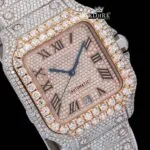Diamond Bezel Roman Dial Rose Gold Two Tone Moissanite Watch Close Up Dial View