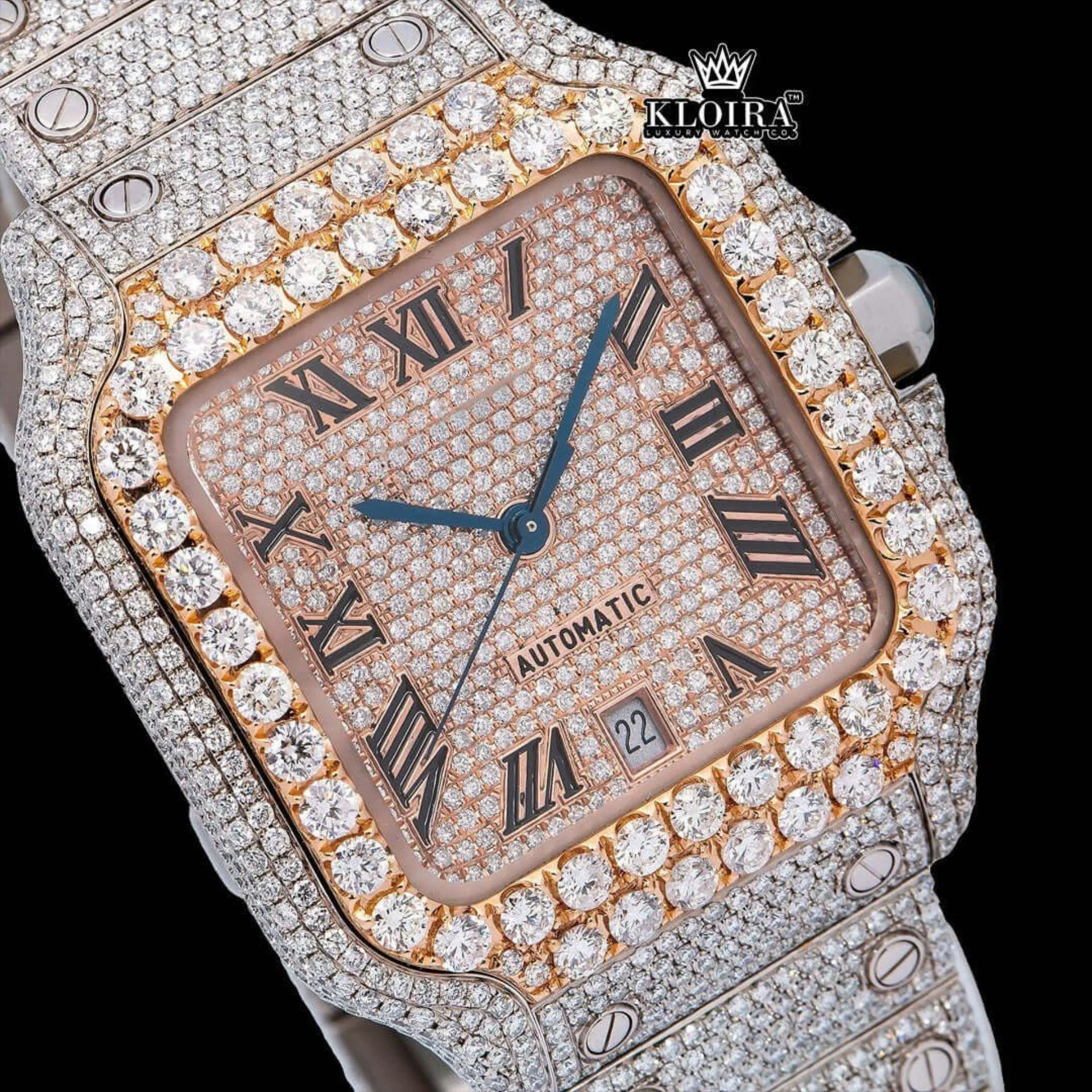 Diamond Bezel Roman Dial Rose Gold Two Tone Moissanite Watch Close Up Dial View