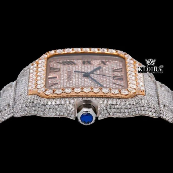 Diamond Bezel Roman Dial Rose Gold Two Tone Moissanite Watch Crown View