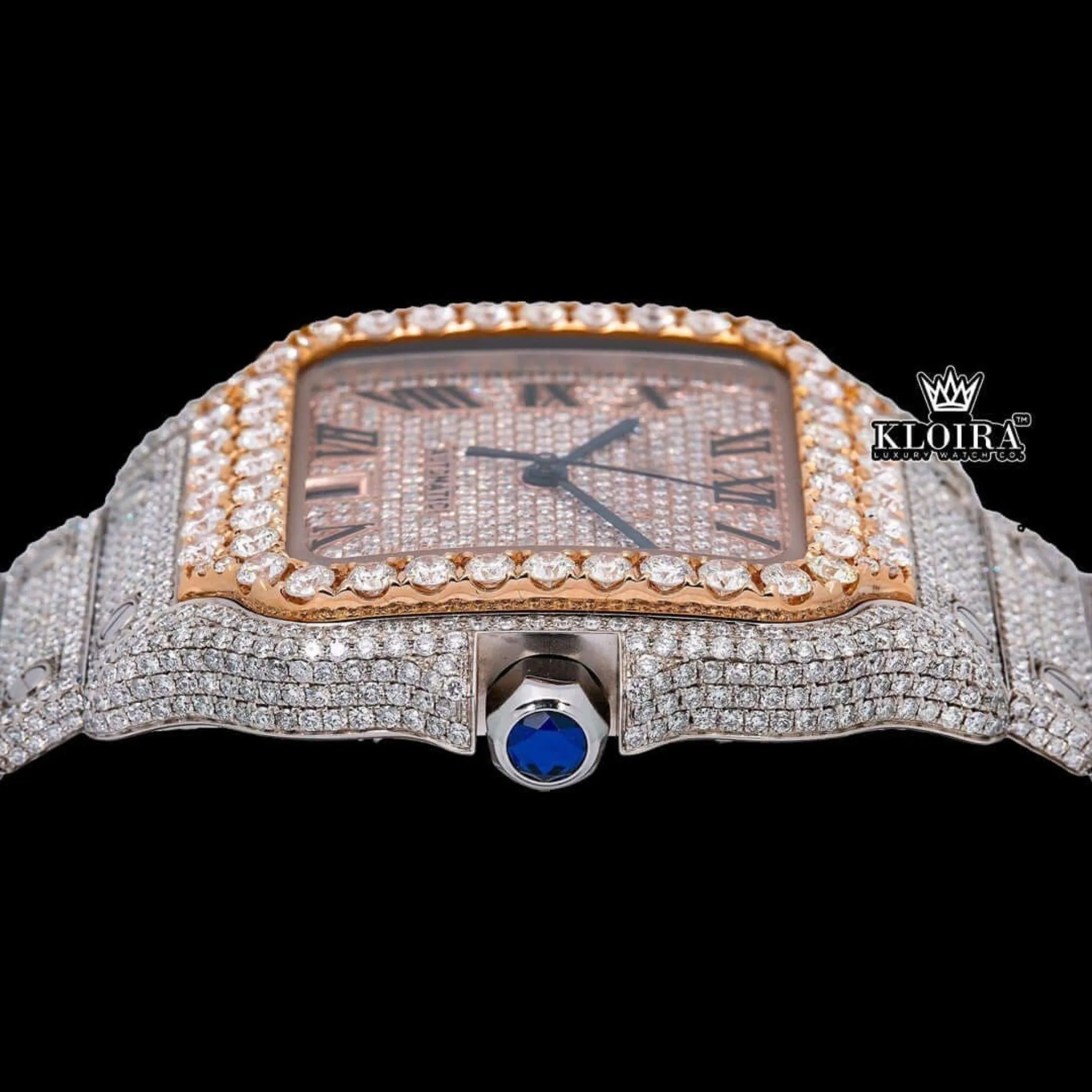 Diamond Bezel Roman Dial Rose Gold Two Tone Moissanite Watch Crown View