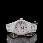 Diamond Bezel Stick Markers White Dial Fully Iced Out Moissanite Watch Front View