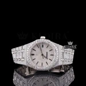 Diamond Bezel Stick Markers White Dial Fully Iced Out Moissanite Watch