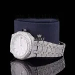 Diamond Bezel Stick Markers White Dial Fully Iced Out Moissanite Watch Left Profile View