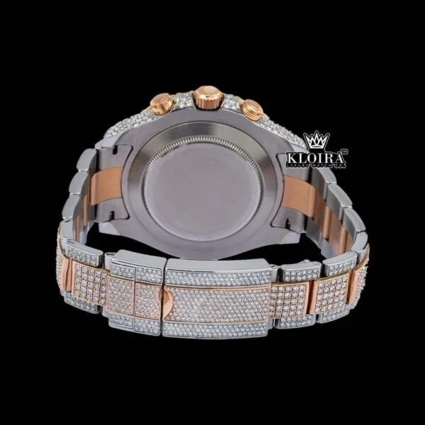 Diamond Bezel White Dial Blue Standard Numerals Two Tone Moissanite Watch Caseback View