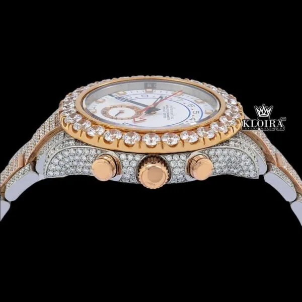 Diamond Bezel White Dial Blue Standard Numerals Two Tone Moissanite Watch Crown View