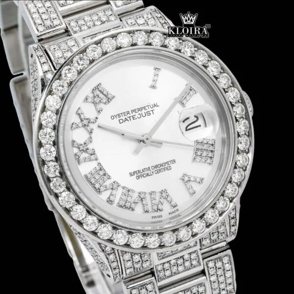 Diamond Bezel White Roman Dial Fully Iced Out Moissanite Watch Close Up Dial View